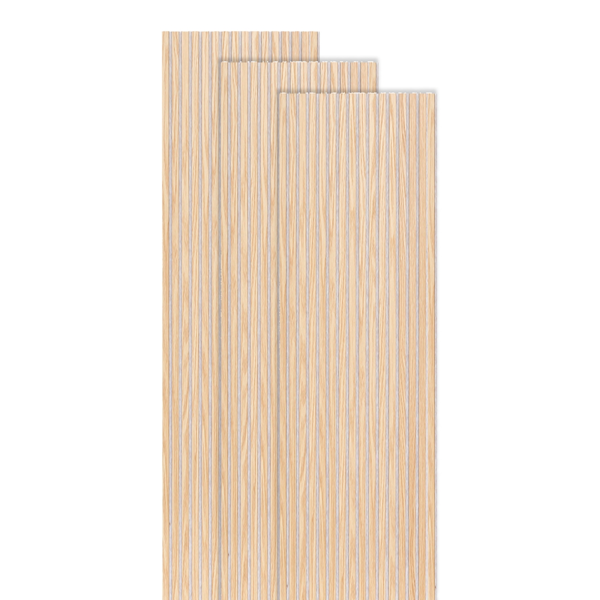 Set aus 3 dekorativen Holzleisten-Paneelen „Colva“ Eiche hell Optik, Hintergrund Greige, 240x60 cm Hell-Eichen-Effekt / Grauer Hintergrund