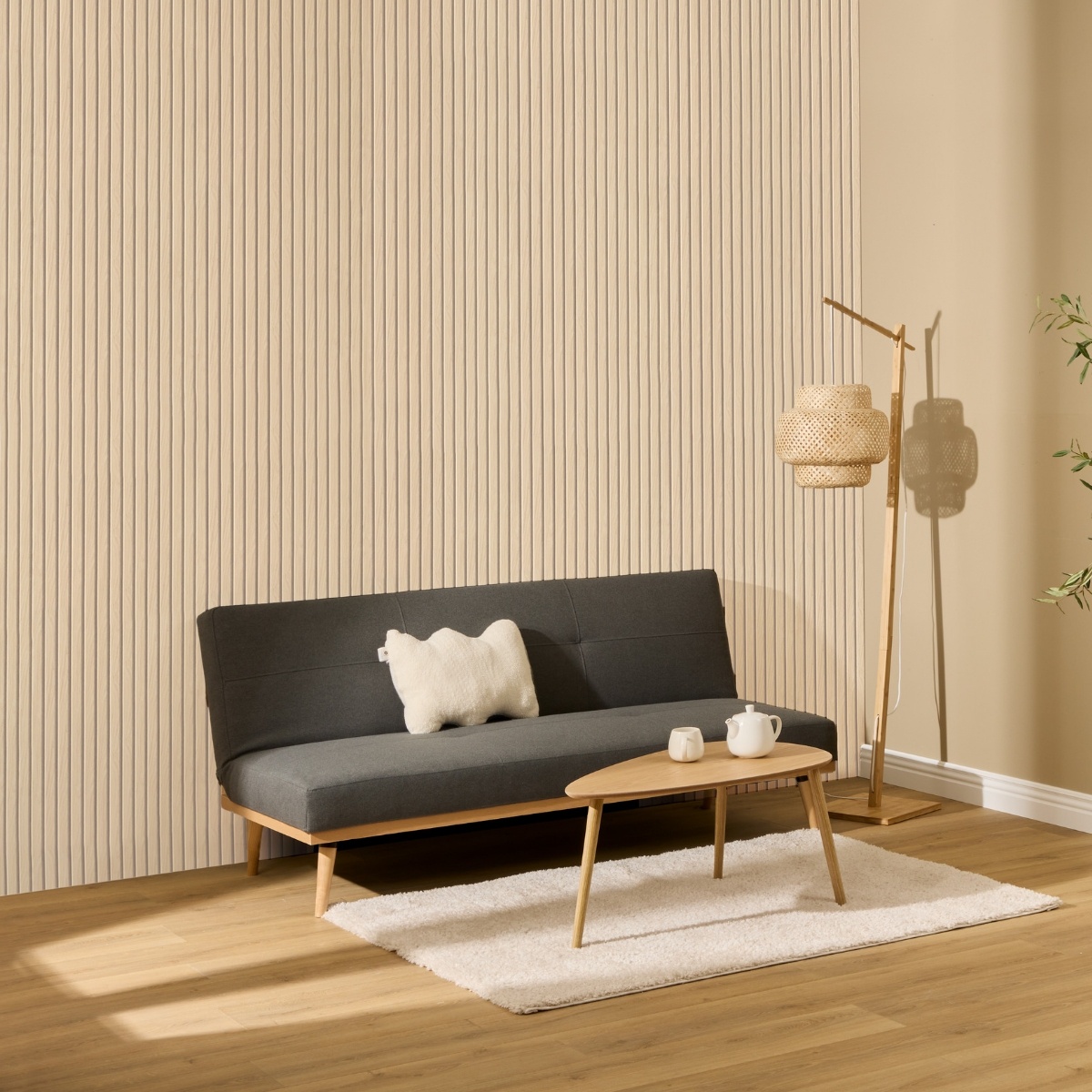 Set aus 4 dekorativen Holzleisten-Paneelen „Colva“ Eiche hell Optik, Hintergrund Greige, 240x60 cm Hell-Eichen-Effekt / Grauer Hintergrund
