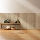 Set aus 2 dekorativen Holzleisten-Paneelen „Colva“ Eiche hell Optik, Hintergrund Greige, 120x60 cm Hell-Eichen-Effekt / Grauer Hintergrund