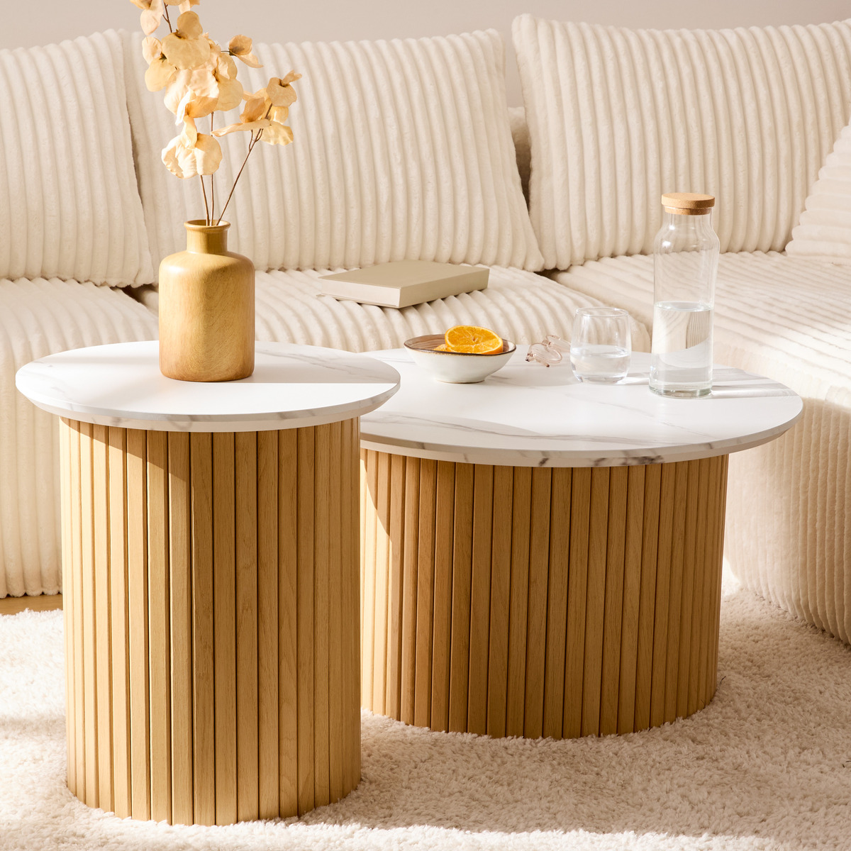 Set aus Couchtisch und Beistelltisch "Homelya" D. 45/70 cm, Beige Mehrfarbig