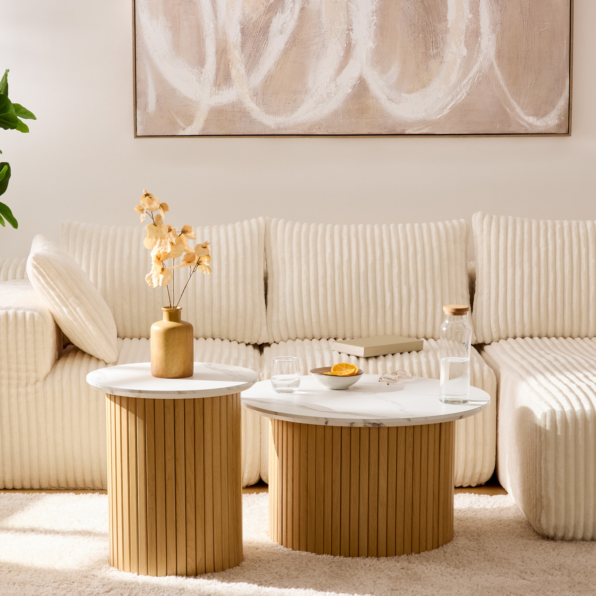 Set aus Couchtisch und Beistelltisch "Homelya" D. 45/70 cm, Beige Mehrfarbig
