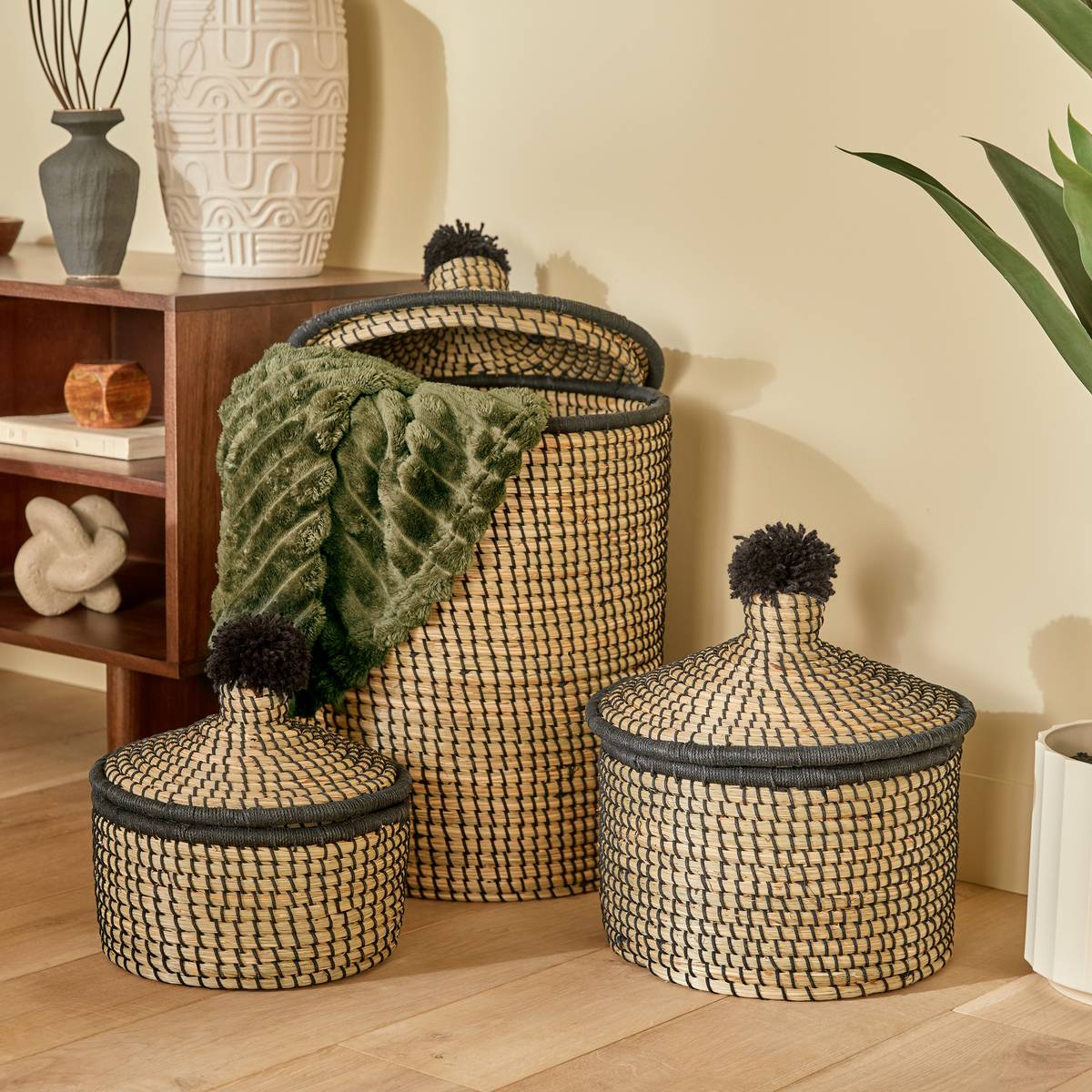 Set mit 3 runden Körben Nyero Schilf, Beige, D.26,5/30/35 cm Beige