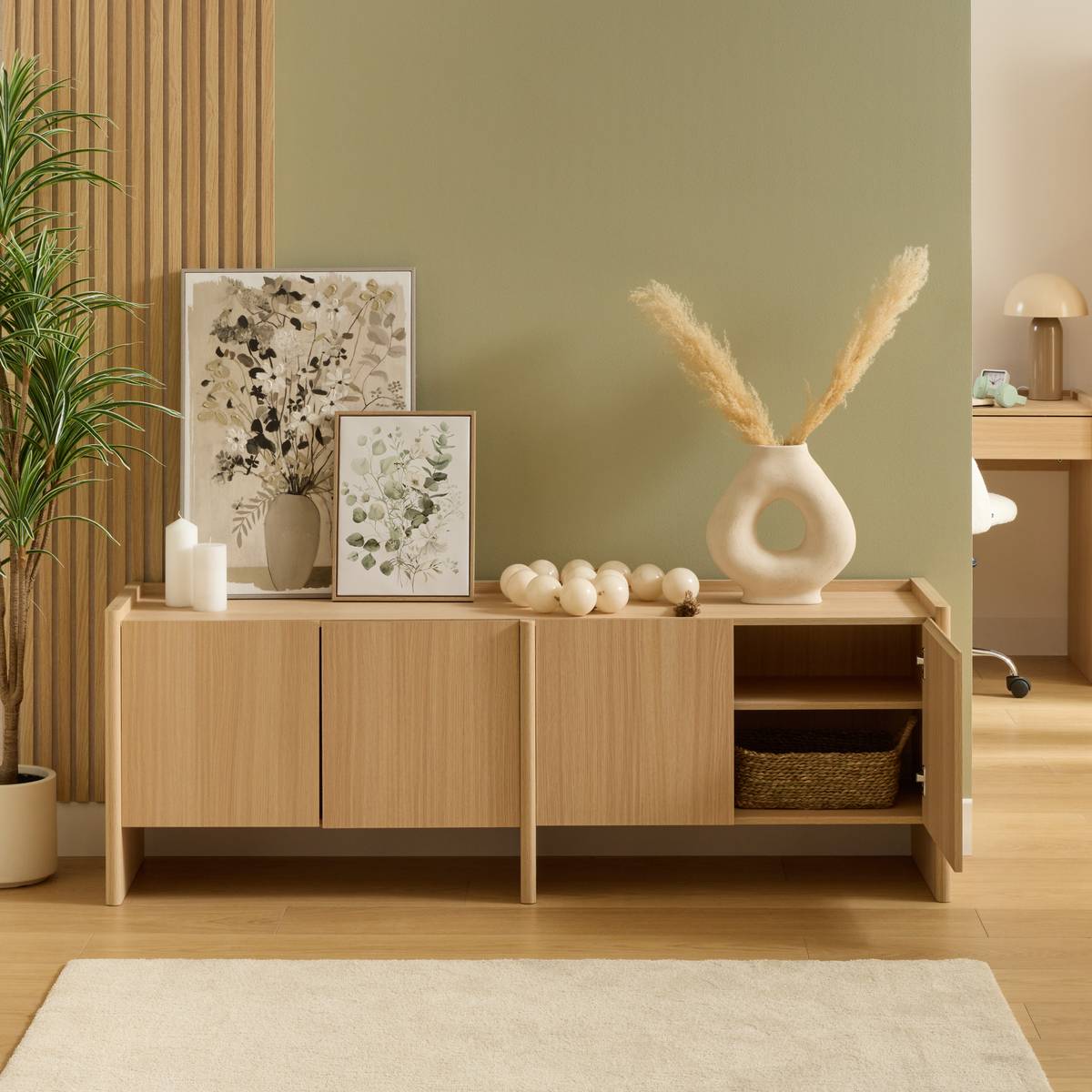 Rechteckiger TV-Schrank mit 4 T&uuml;ren und 2 Ebenen "John" Beige, 171x39,5 cm Beige