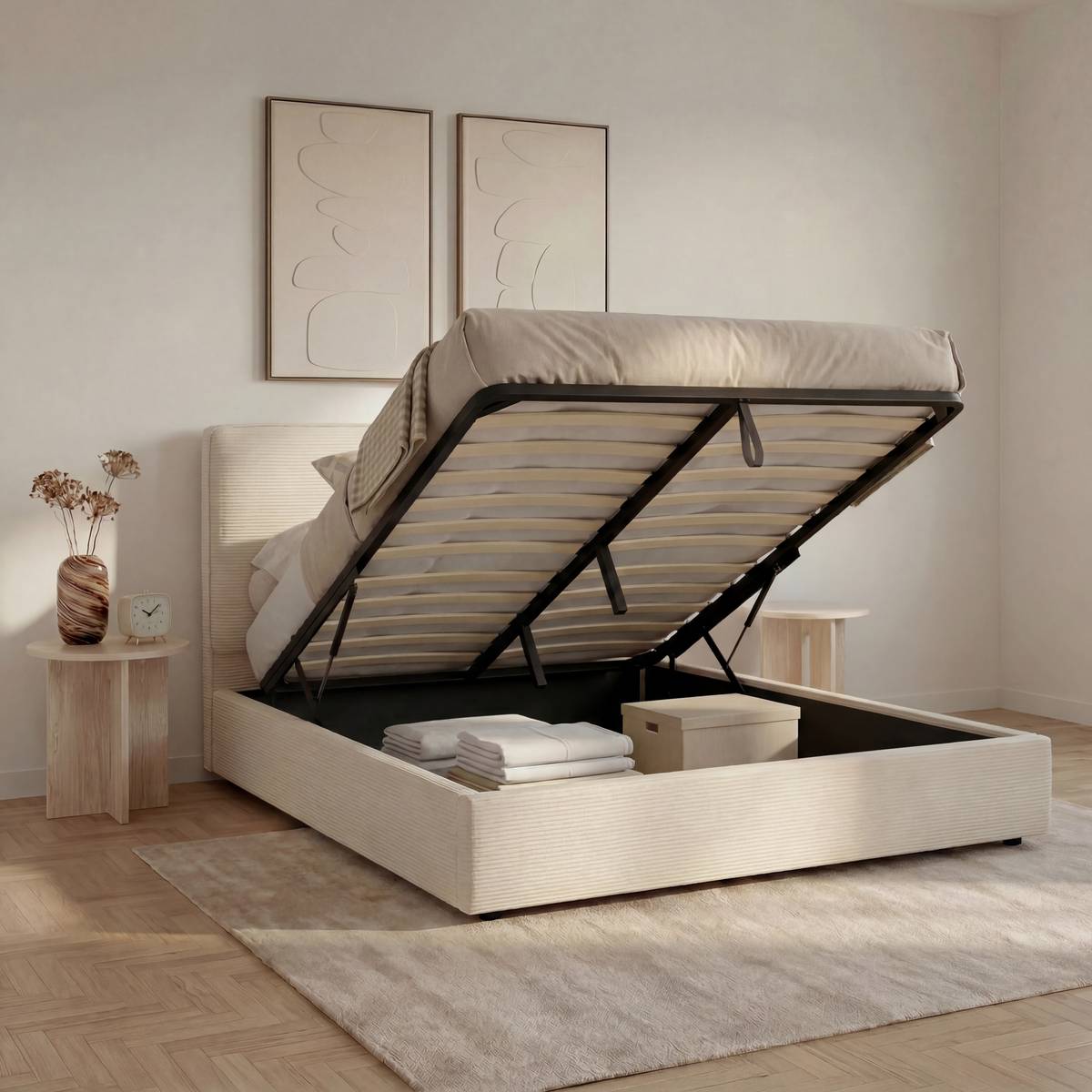 Bett mit Bettkasten "Wonta" Beige Leinen, 160x200 cm Wei&szlig;