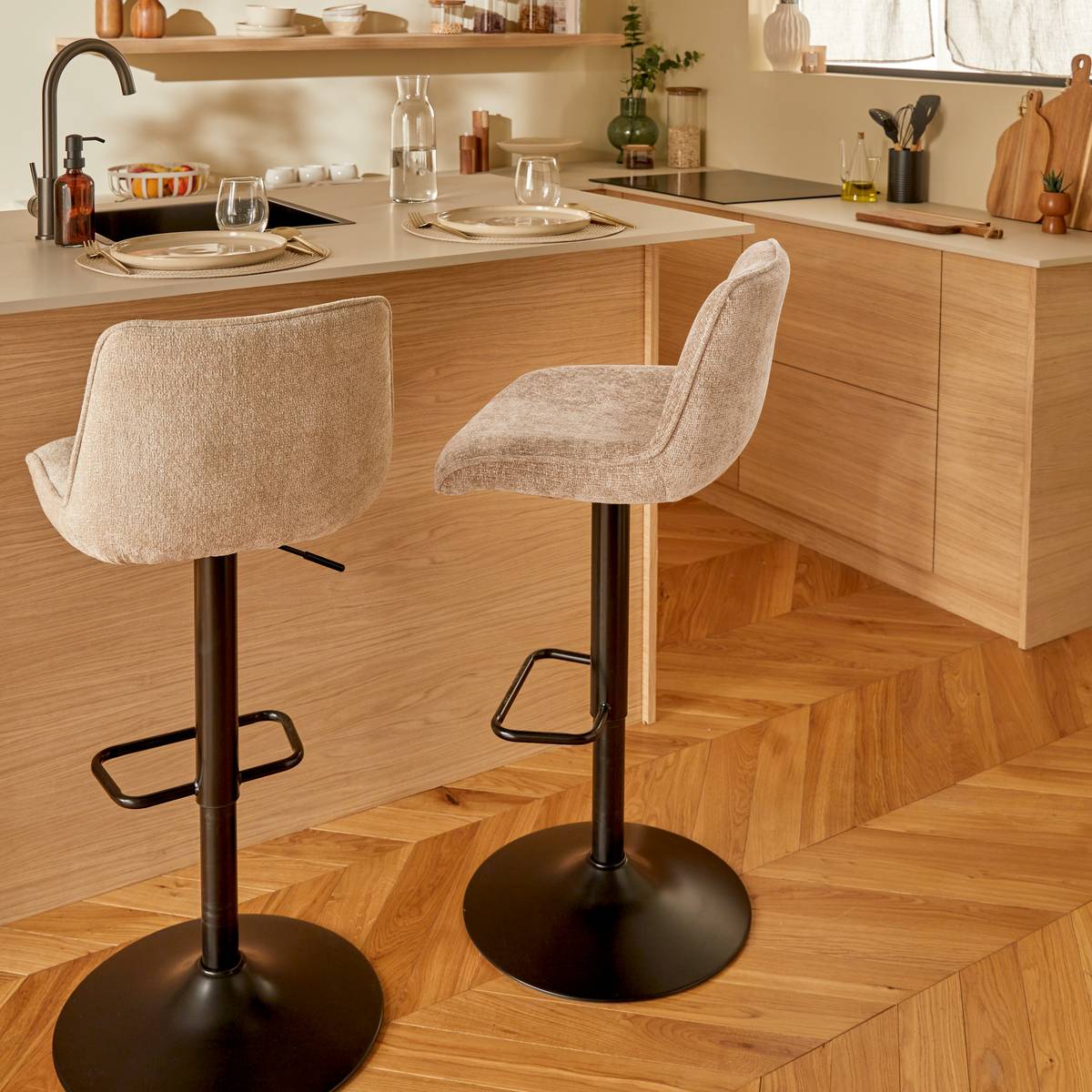 Set mit 2 drehbaren Barhockern "Cirea" Stahl, Creme, H.105 cm Cremefarben