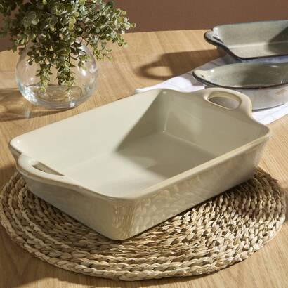 Rechteckige auflaufform "unbekanntes land" steinzeug, 38,5x22,5 cm, beige
