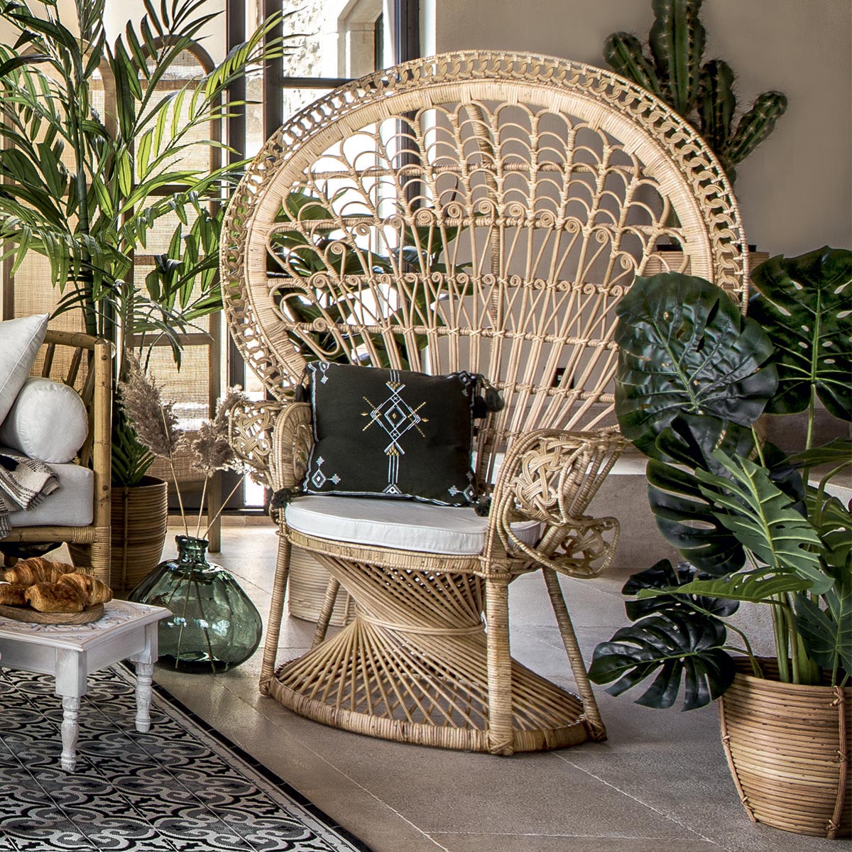 Sessel "Takta" Rattan, Weißer Stoff Natürliches Holz