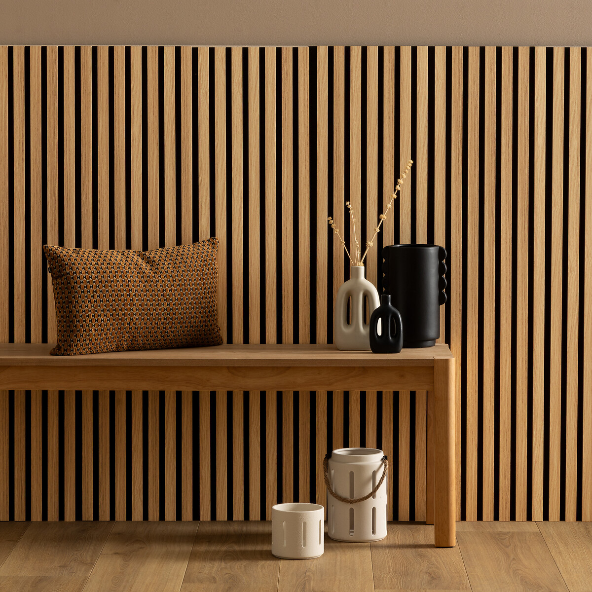 Set mit 3 dekorativen Holz-Lamellenpaneelen Colva Helle Eiche Optik, schwarzer Hintergrund, 120x60 cm Hell-Eichen-Effekt/Schwarzer Hintergrund