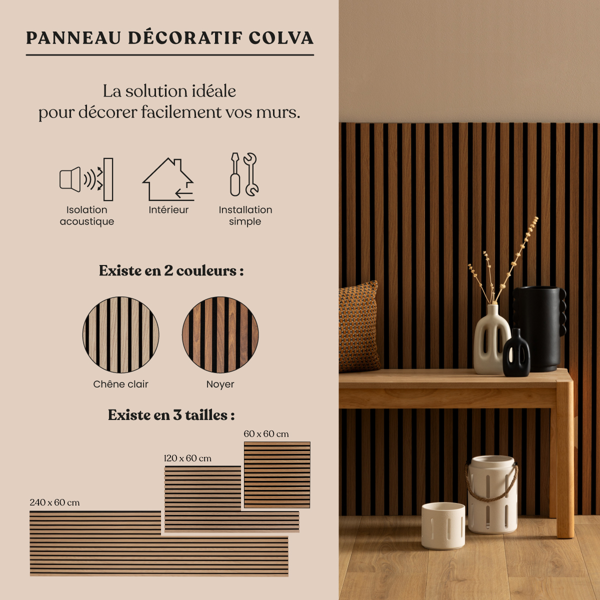 Set mit 4 dekorativen Holz-Lamellenpaneelen Colva Helle Eiche Optik, schwarzer Hintergrund, 120x60 cm Hell-Eichen-Effekt/Schwarzer Hintergrund