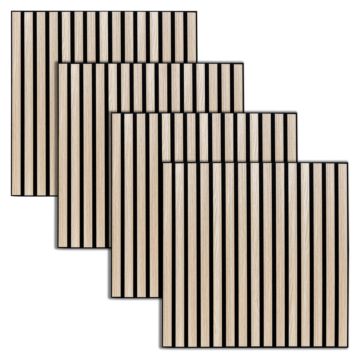 Set mit 4 dekorativen Holz-Lamellenpaneelen Colva Helle Eiche Optik, schwarzer Hintergrund, 60x60 cm Hell-Eichen-Effekt/Schwarzer Hintergrund
