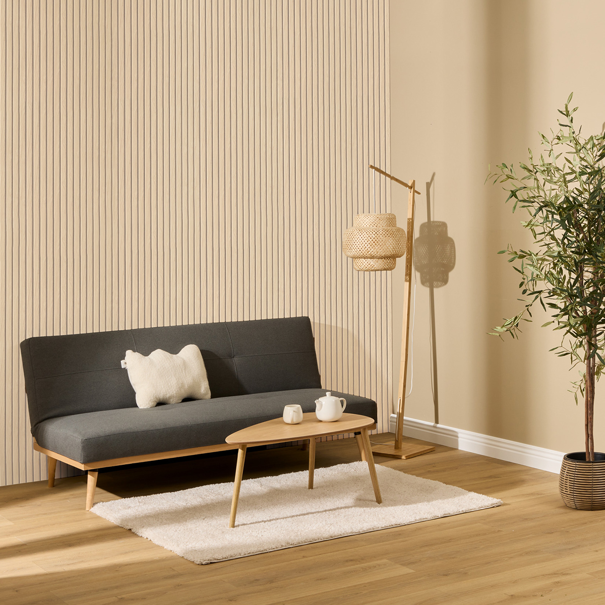 Decorative wood slat panel "Colva" Light oak effect, Greige background, 240x60 cm Light oak effect / Grey background