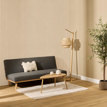Decorative wood slat panel "colva" light oak effect, greige background, 240x60 cm