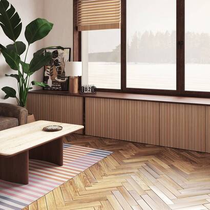 Decorative wood slat panel "colva" light oak effect, greige background, 60x60 cm