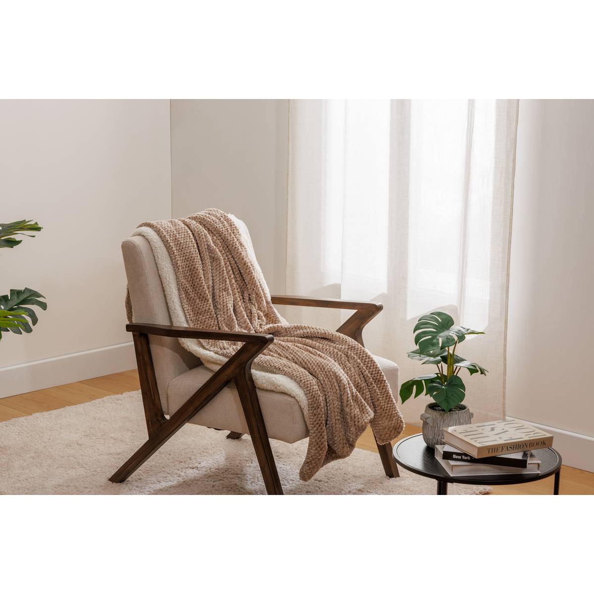 Flannel throw with sherpa effect "Lyno" Beige Linen, 170x130 cm Beige