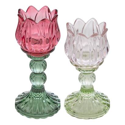 Set of 2 candle holders "rose flower" multicolor, h.17 cm