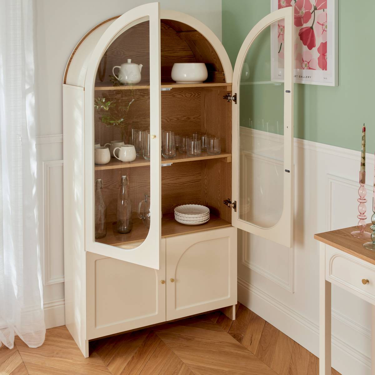 4-door 4-shelf display cabinet "Rose Blossom" Ivory, 180x91 cm Ivory