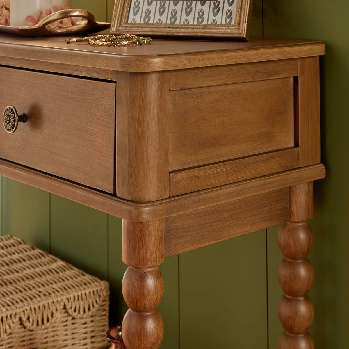 Rectangular console table 1 shelf 2 drawers "Mona" Pine, Cognac brown, 100x35 cm Cognac brown