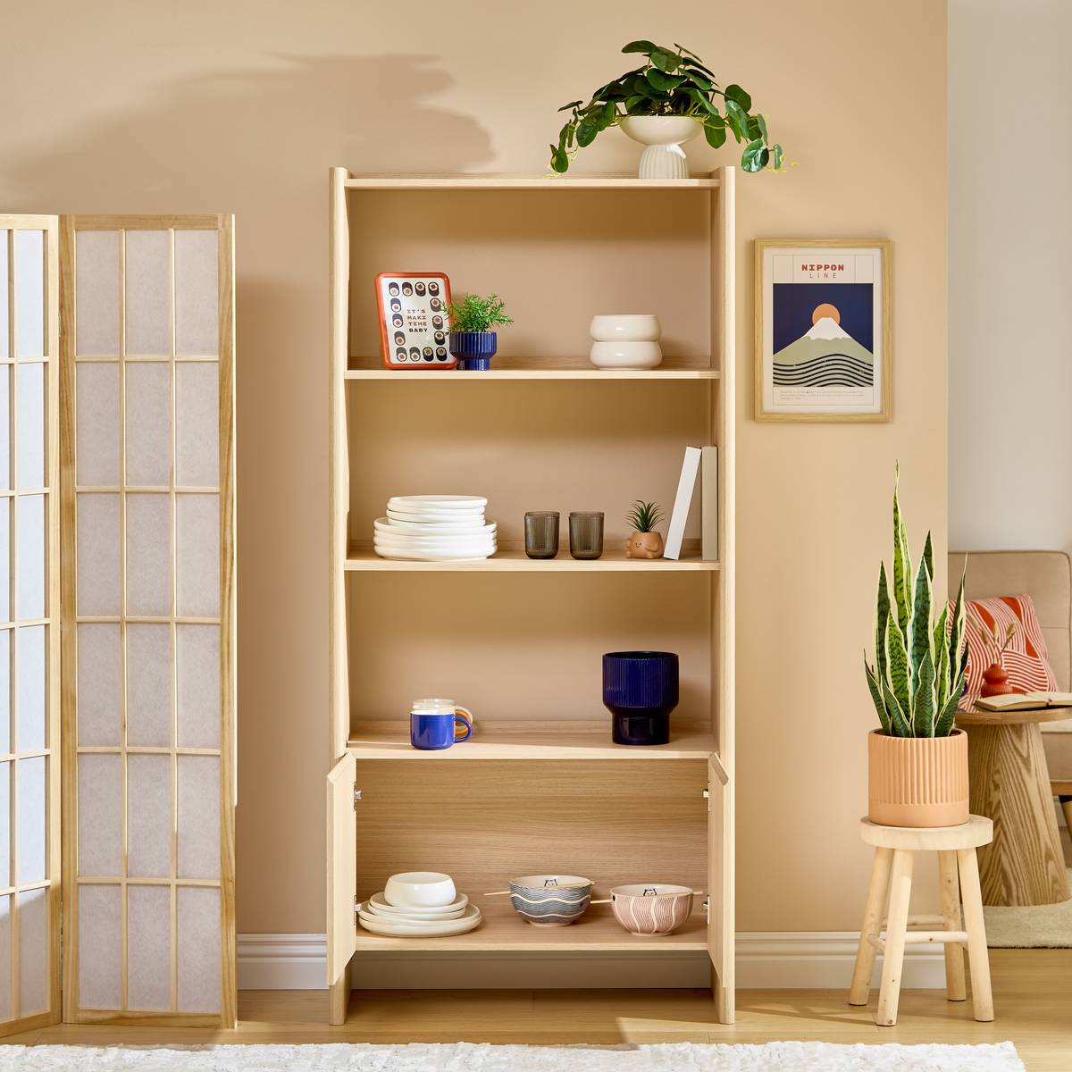 Rectangular 3-tier bookcase "John" Beige, 180x85 cm Beige