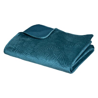 Bedspread "leaf", velvet teal blue, 240x260 cm