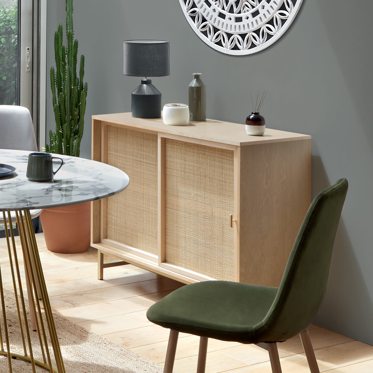 2-door sideboard "Rayo" Rattan caning, 100x79 cm Natural wood