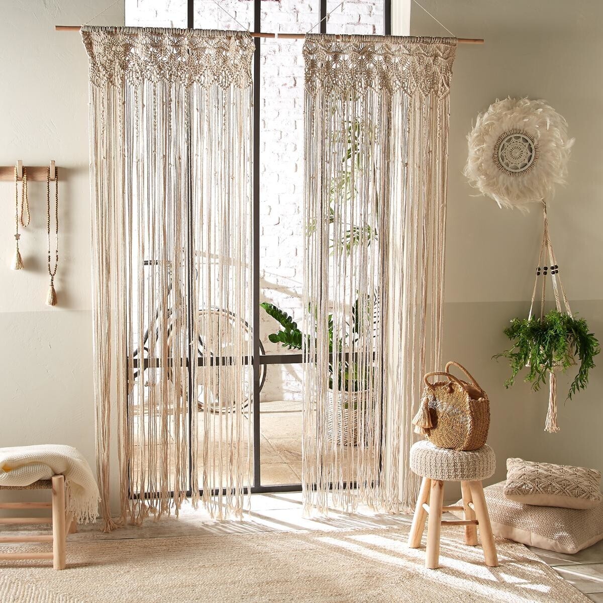 Thread Curtain "Macramé" Ivory white, 90x200 cm Beige