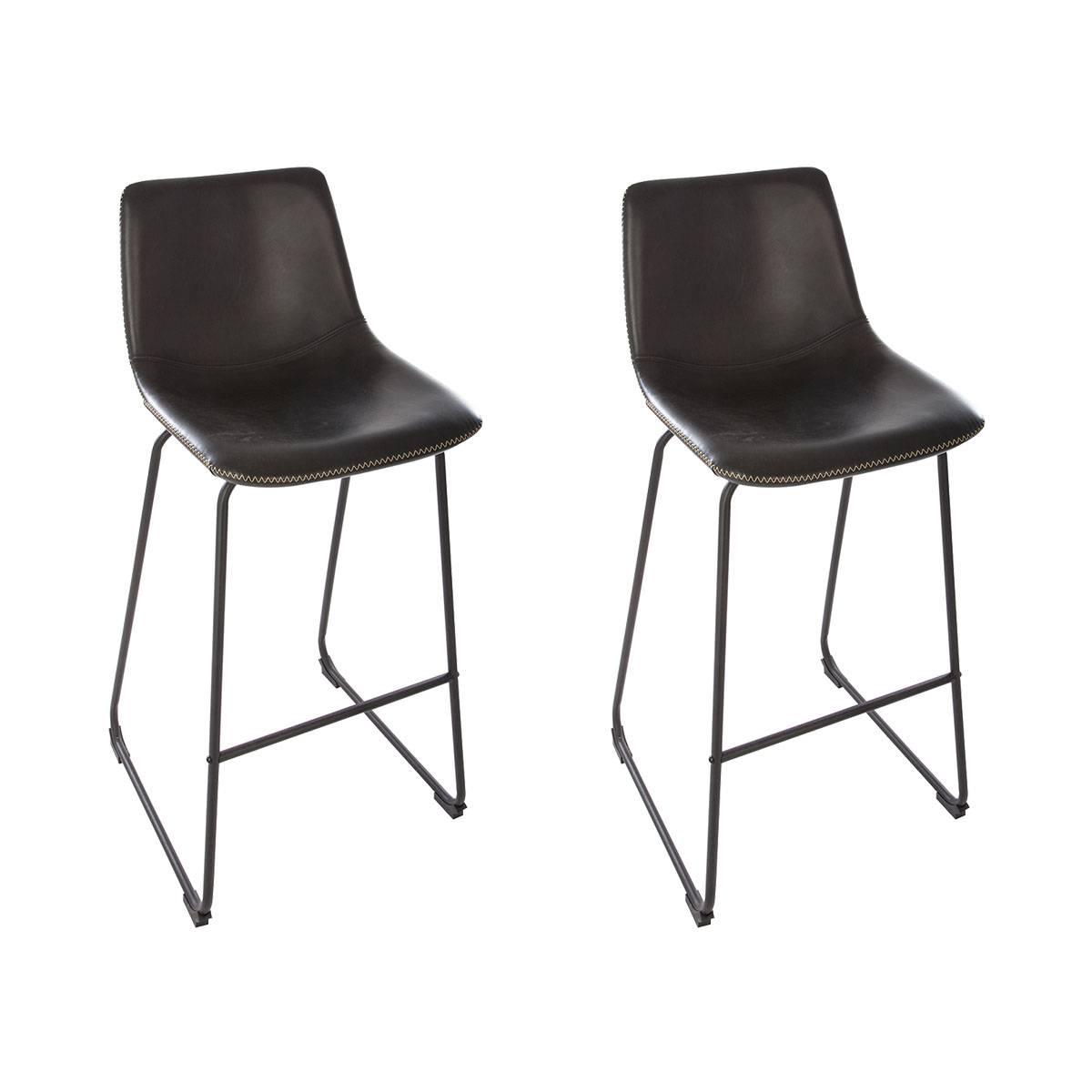 Set of 2 Bar Stools "Lois" Leather effect, Black Black