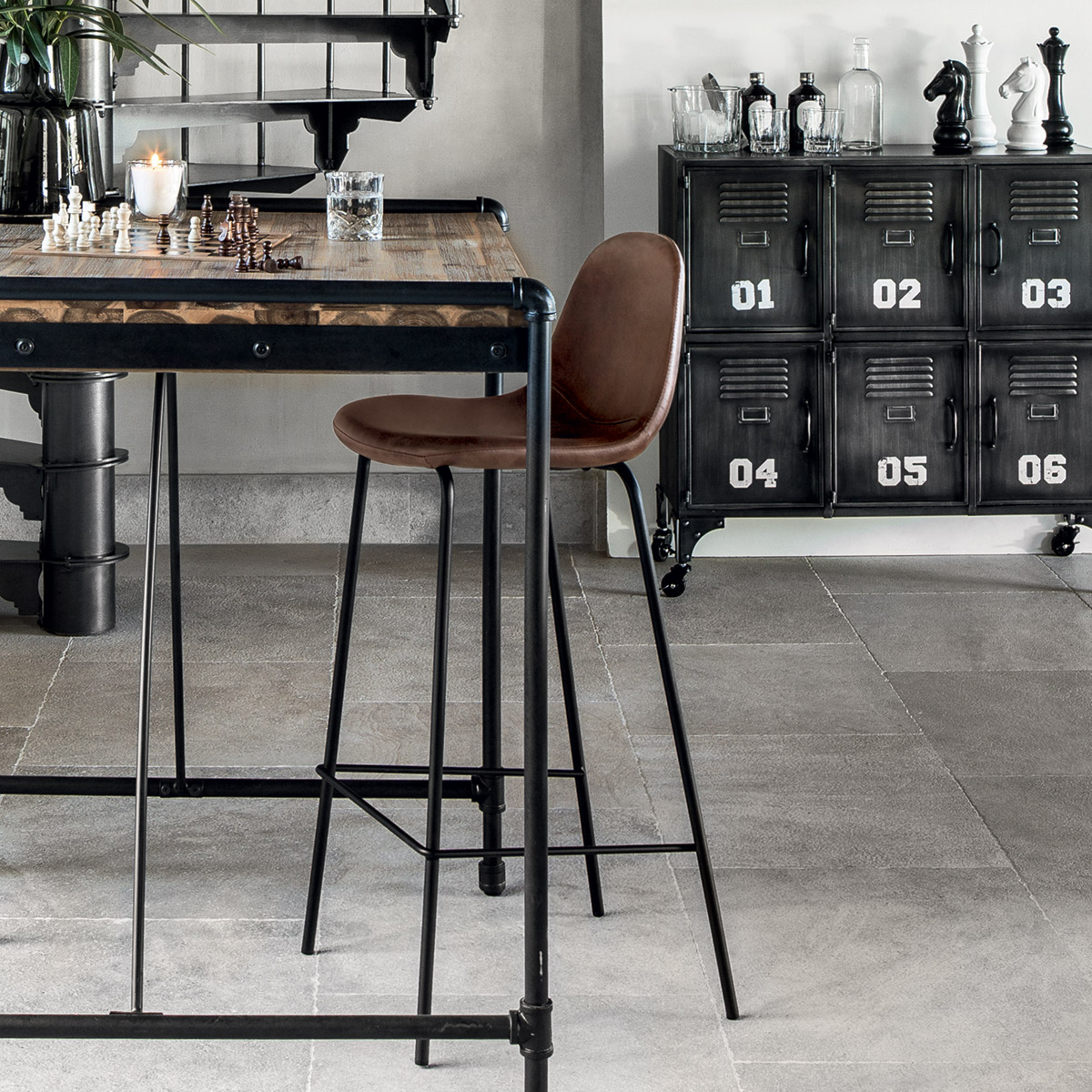 Set of 2 Bar Stools "Vladi" Leather effect, Brown Brown