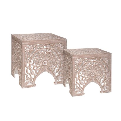 "terre" nesting tables carved wood