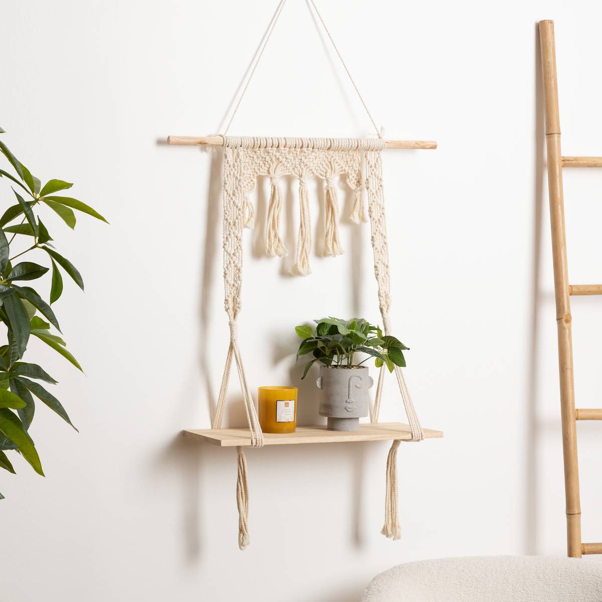 Macrame Wall Shelf Ivory white, 60x80 cm Ivory white