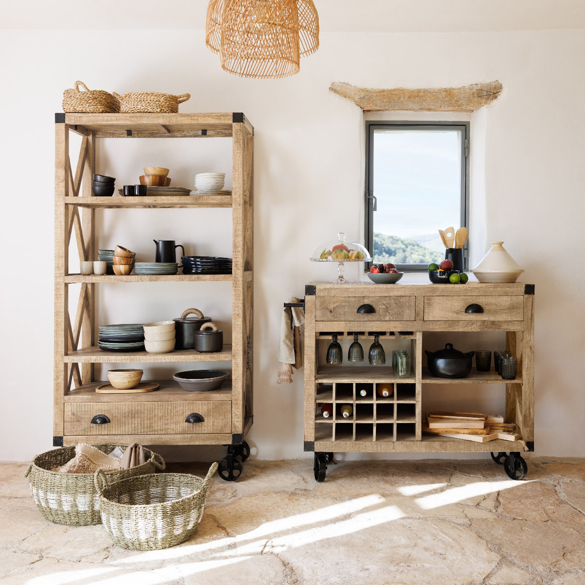 Set of 2 XL Baskets Rattan Beige