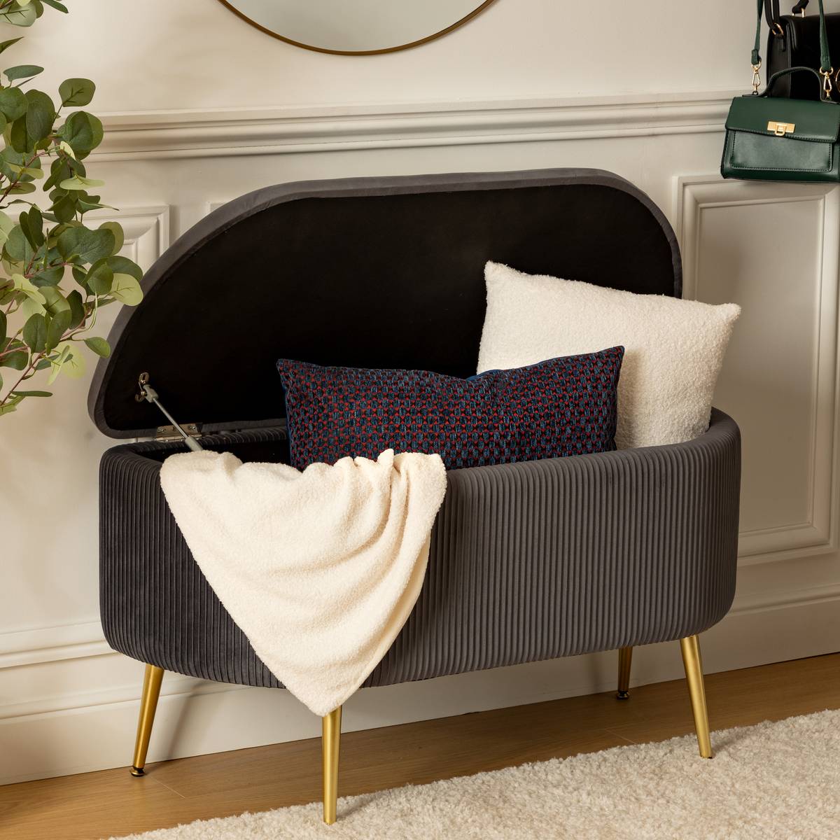 Velvet storage bench "Solaro" Gray, 100x40 cm Grey