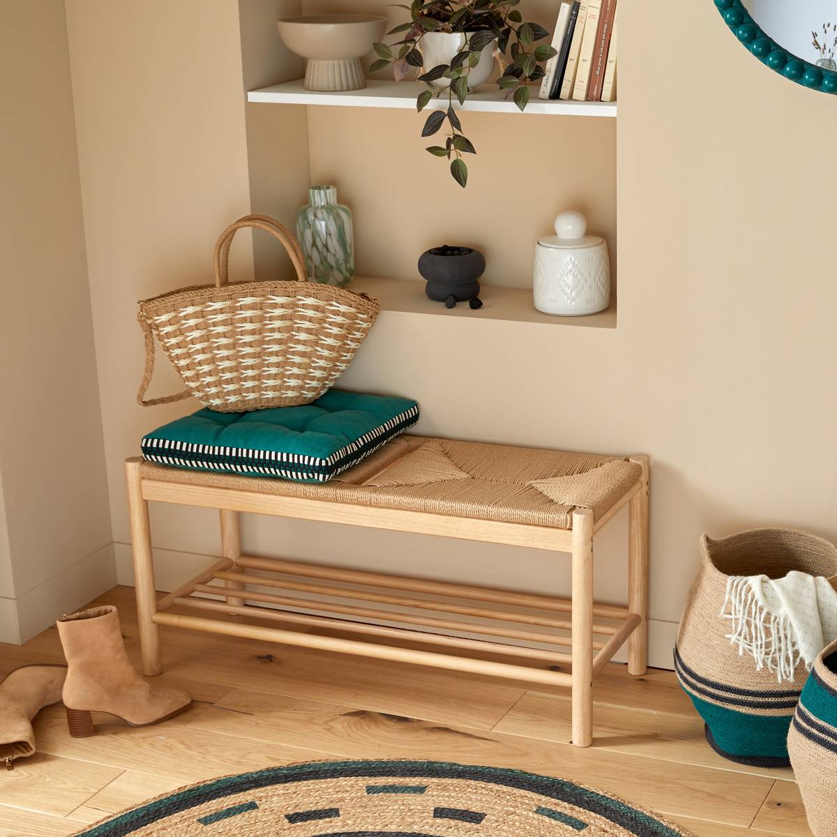 Bench 'Maesi' Hevea, Beige, 95x35 cm Beige