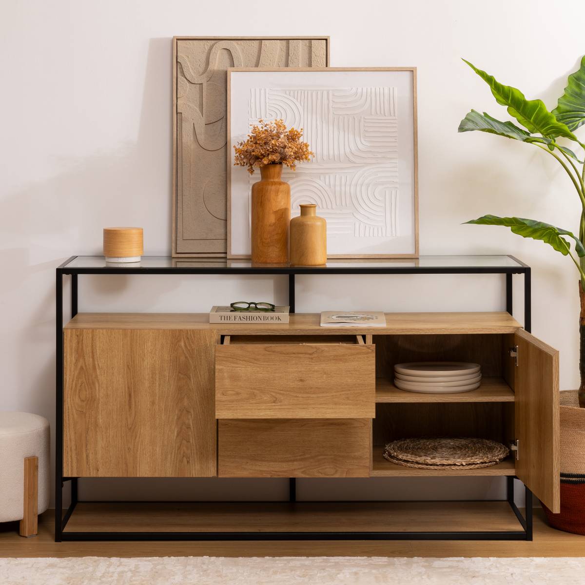 Buffet 2 Doors "Aldea" Metal and wood, Beige, 140x80 cm Beige