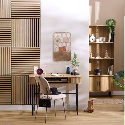 Decorative wood slat panel "colva" light oak effect, black background, 60x60 cm