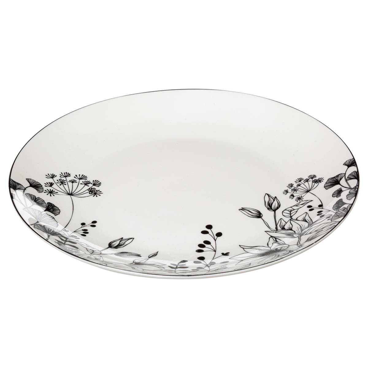 Lote de 6 platos llanos "White Floral" D.27 cm, Blanco Negro / Blanco