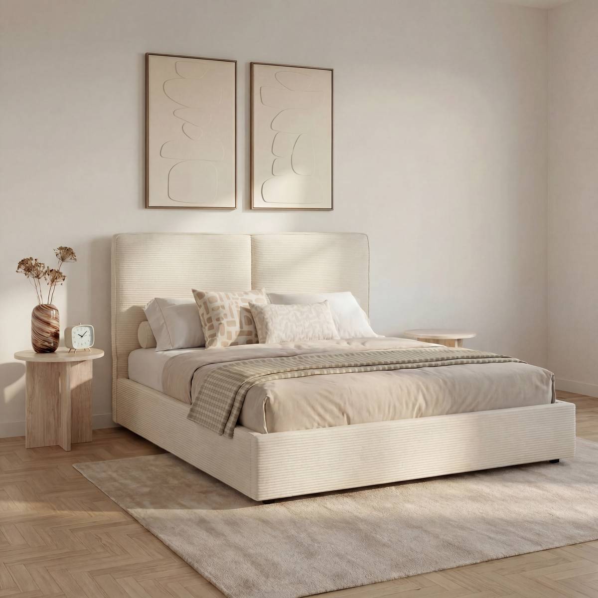 Cama con canapé "Wonta" Beige Lino, 160x200 cm Blanco