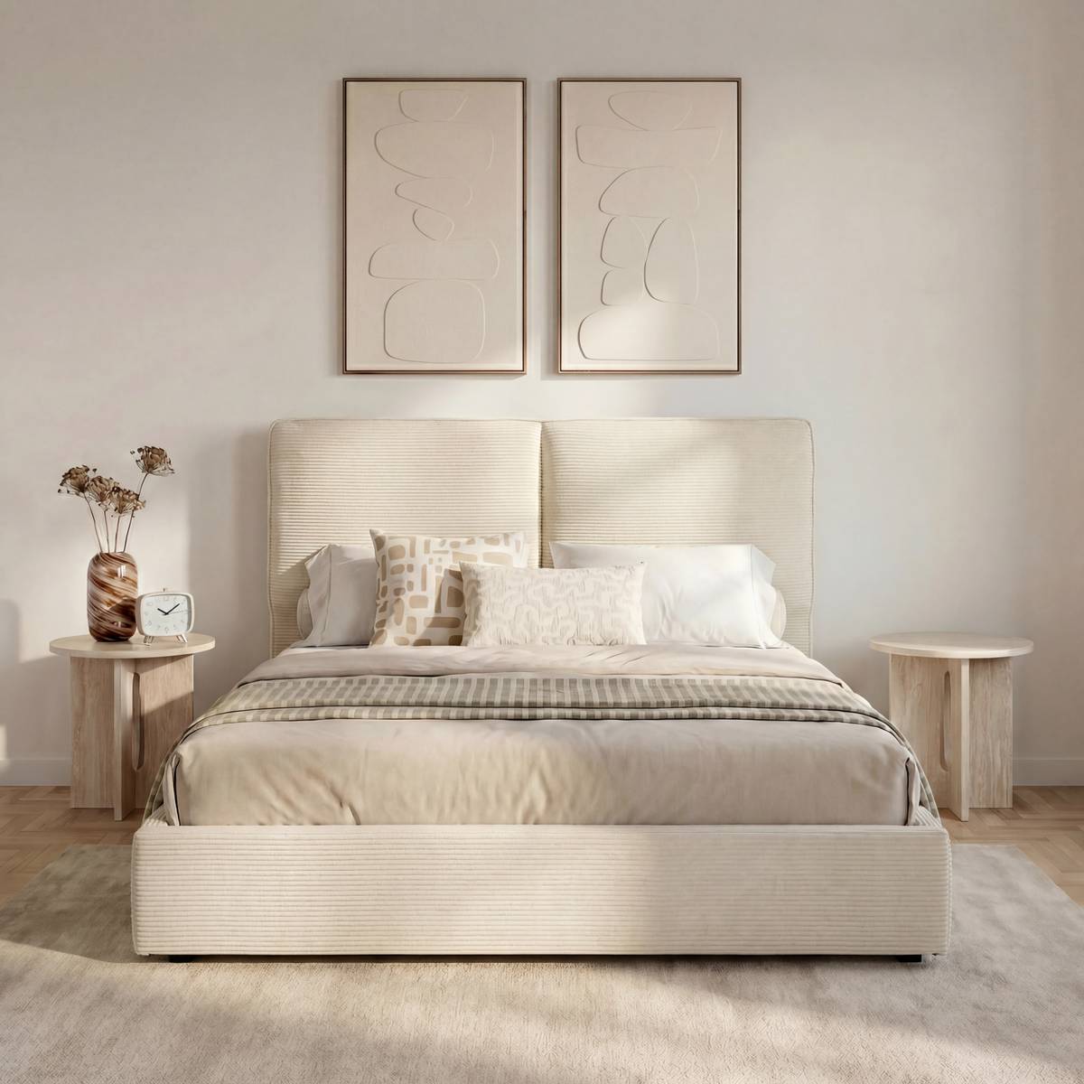 Cama con canapé "Wonta" Beige Lino, 160x200 cm Blanco