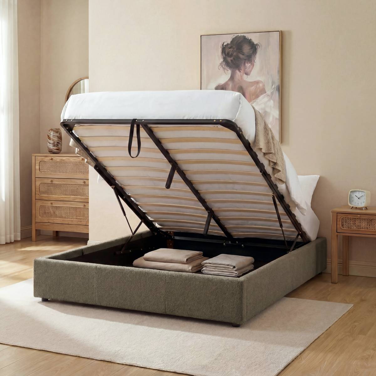 Cama con canap&eacute; "Luna" Acero, Verde caqui, 160x200 cm Verde caqui