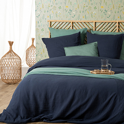 Juego de cama de 3 piezas "flora" gasa de algod&oacute;n, azul, 240x220 cm