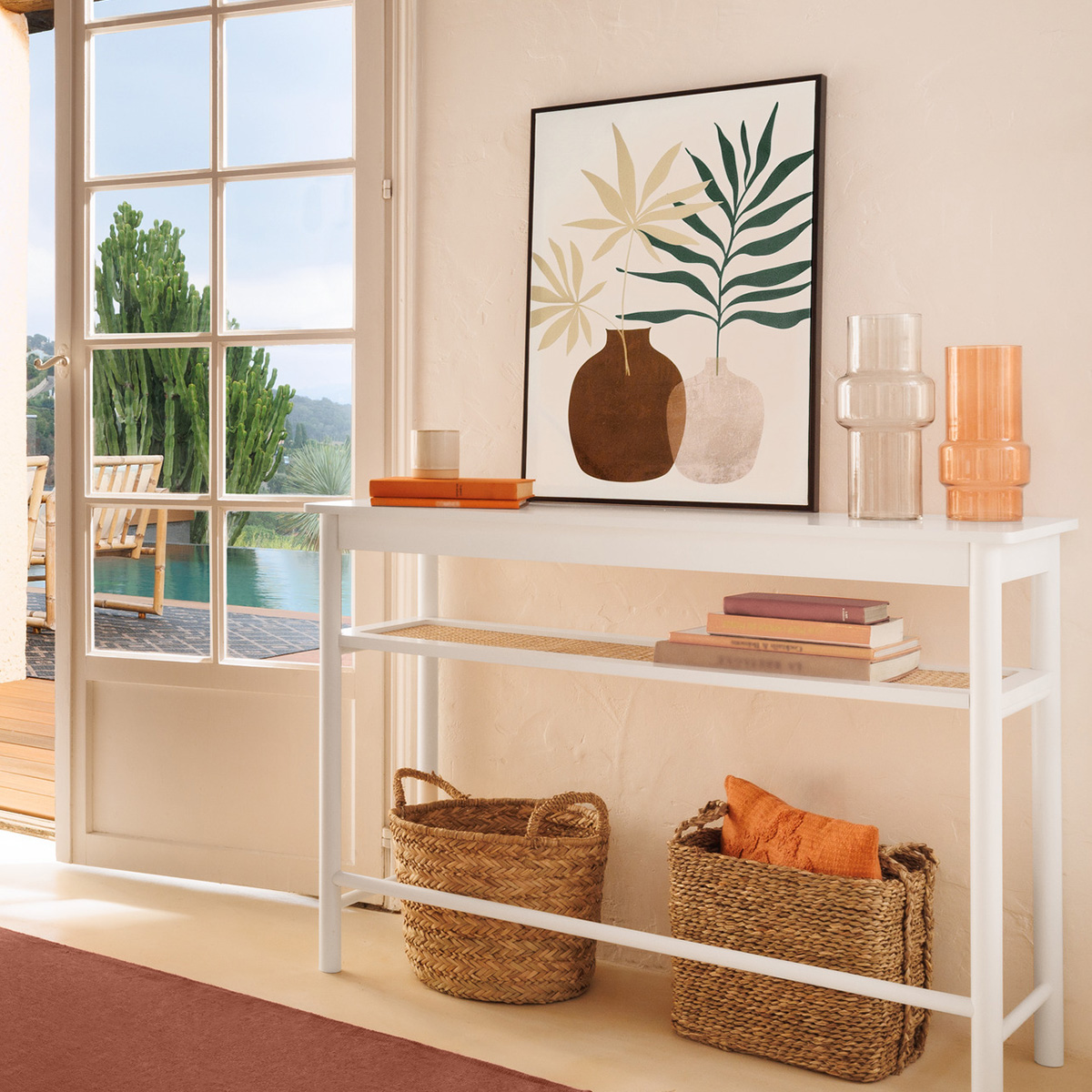 Consola "Cabras" Madera blanca, Ratán, L.110 cm Blanco