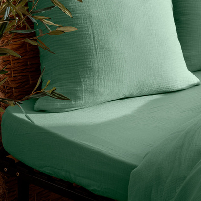 S&aacute;bana ajustable "flora" gasa de algod&oacute;n, verde celad&oacute;n, 140x190 cm