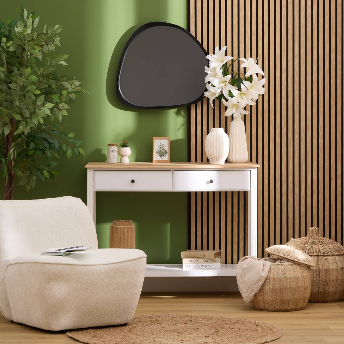 Panel decorativo de listones de madera "Colva" Efecto roble claro, fondo negro, 240x60 cm Efecto roble claro / Fondo negro