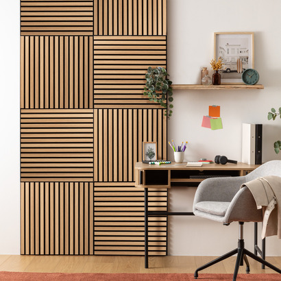 Lote de 3 paneles decorativos de listones de madera colva efecto roble claro, fondo negro, 60x60 cm
