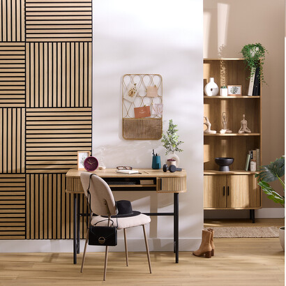 Lote de 4 paneles decorativos de listones de madera colva efecto roble claro, fondo negro, 60x60 cm