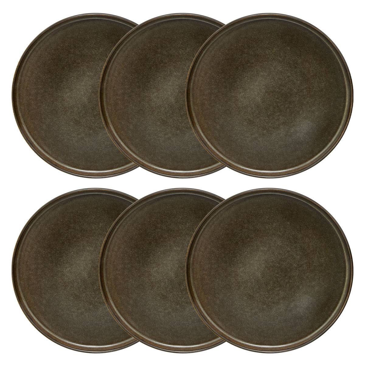Lote de 6 platos llanos "Tierra Desconocida" Loza, D.26,7 cm, Marrón Marrón