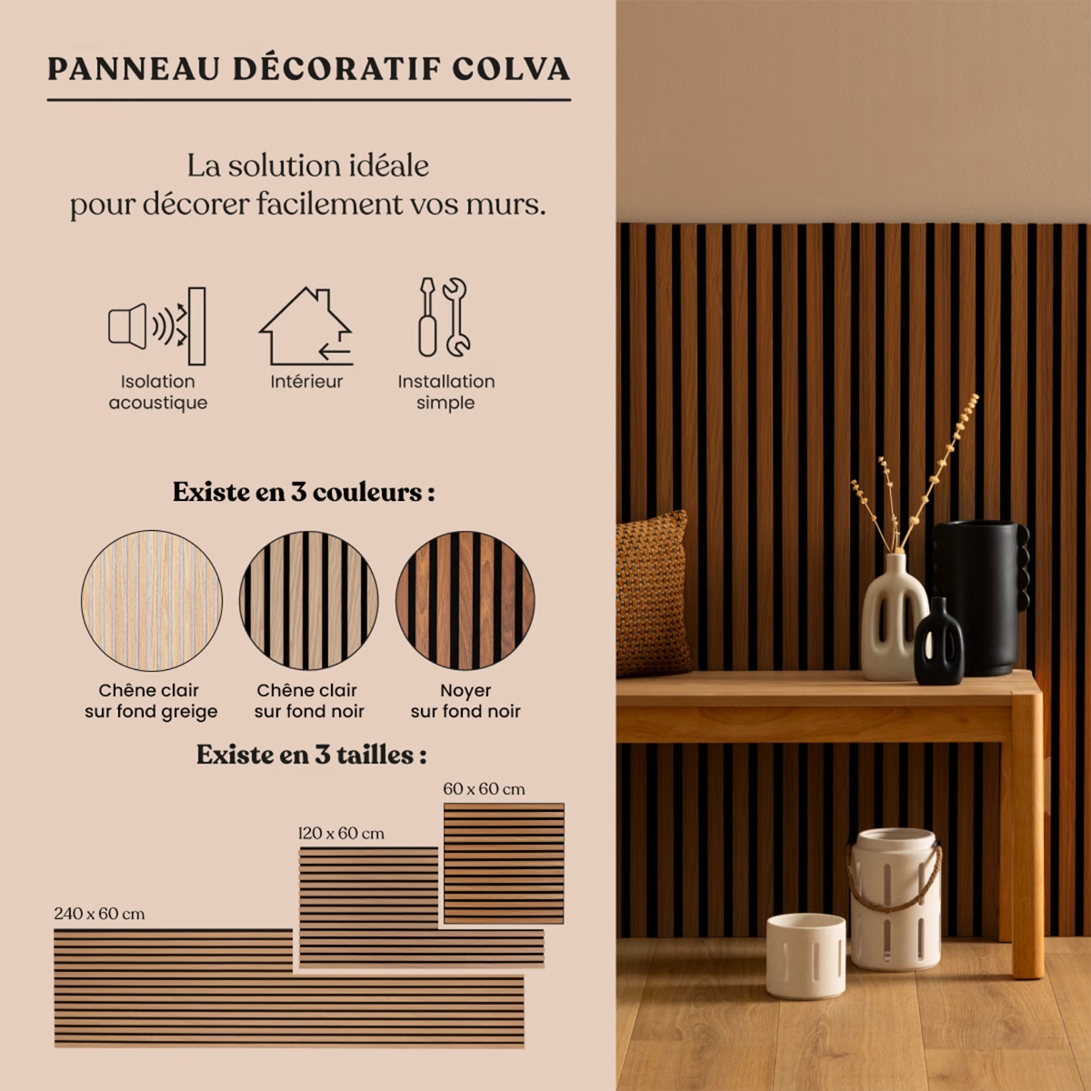 Panneau d&eacute;coratif tasseaux bois Colva Produits Panneaux muraux