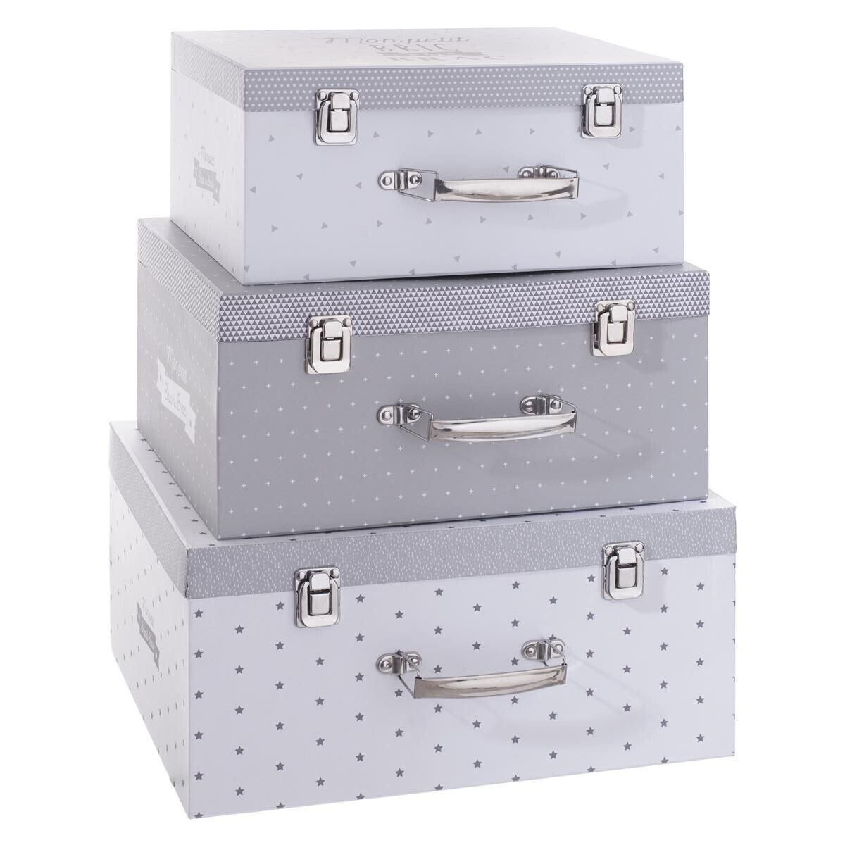 Set De 3 Malles Carton Atmosphera - Blanc & Gris - 30x22x14cm, 33x25x15.5cm, 36x28x17cm - Poignée Fer