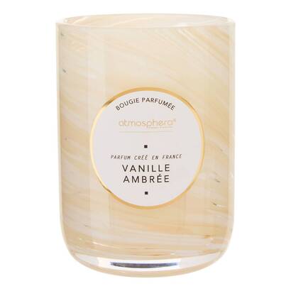 Candela profumata rotonda "wavy" profumo legnoso, fragranza gourmet, vaniglia ambrata, 275g