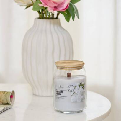 Candela profumata rotonda "viky" profumo floreale, fiore di gelsomino, 435g