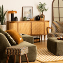 Set poltrona e sgabello/pouf d'appoggio "Chiara" Beige e nero Nero / Ocra